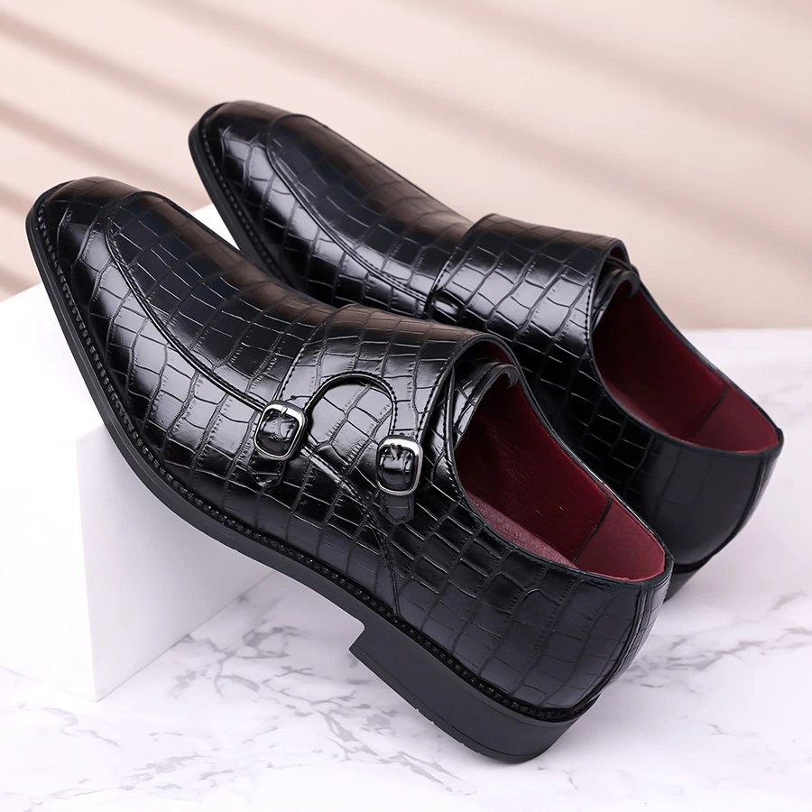 Men's Dress Shoes Monk Strap checkered Pointed Toe Business Loafers with Buckles - Image 3 of 4