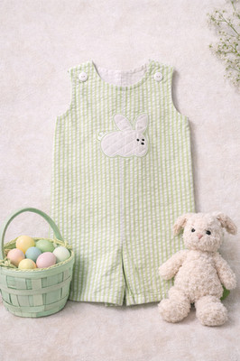 Boys smocked green stripe seersucker romper easter bunny 3 month NWT