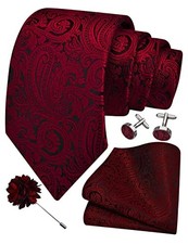 3.15"  8cm  Mens Tie and Lapel Pin Paisley Necktie Hankerchief Red Black