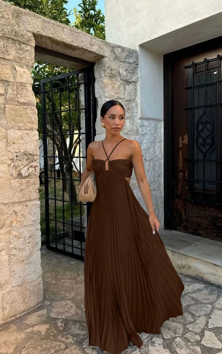 chinese dress ladies SWEETHEART BANDEAU PLEATED MAXI IN BROWN
