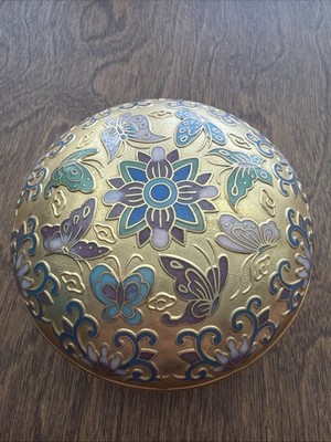Vintage Trinket box Lotus Flower Chinese Cloisonne Champleve blue interior bowl