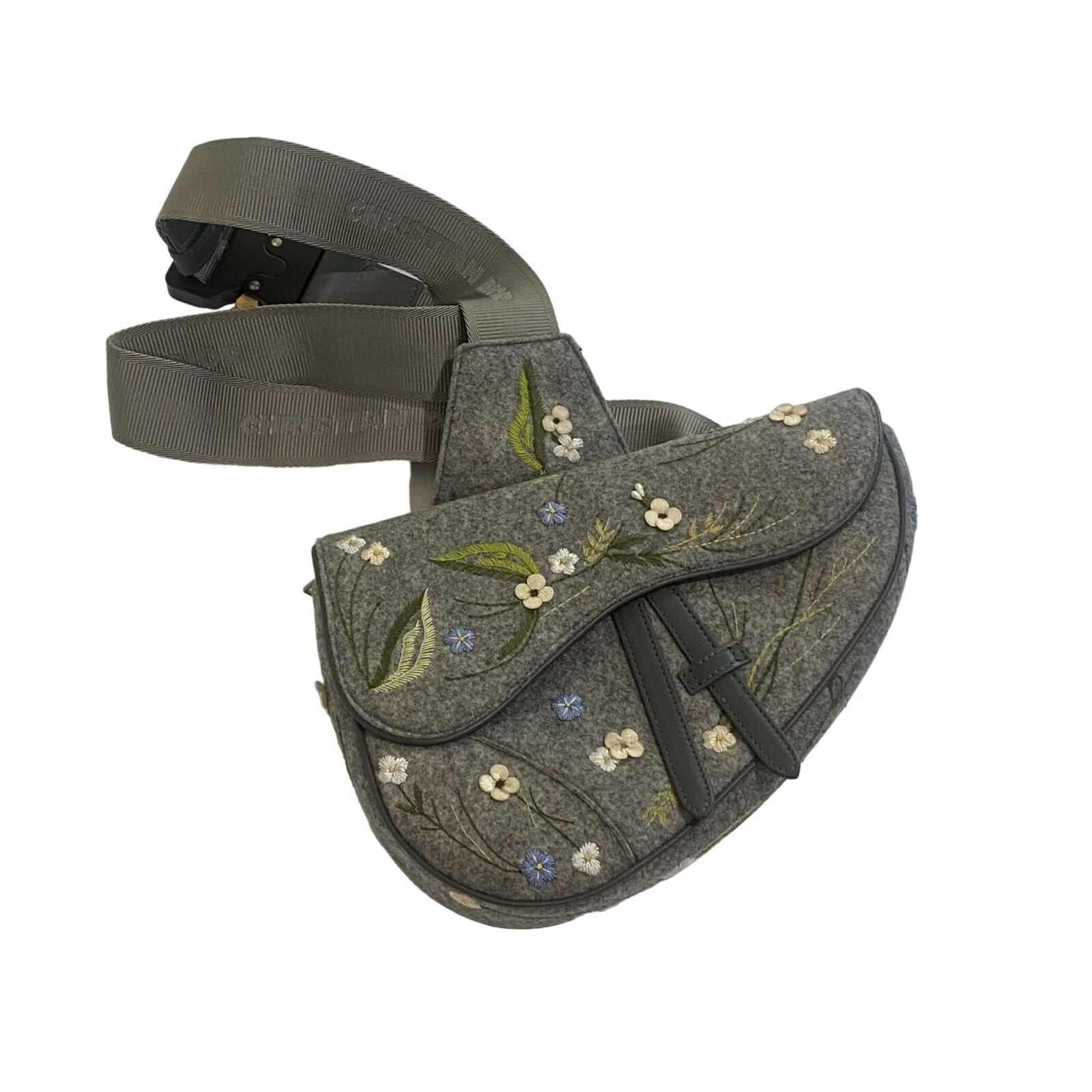 Sacoche de selle Christian Dior x Kim Jones laine grise brodée