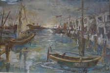 GAULT COLORFUL HARBOR IMPRESSIONIST BOATS MODERN MODERNIST SAILBOATS VINTAGE OIL