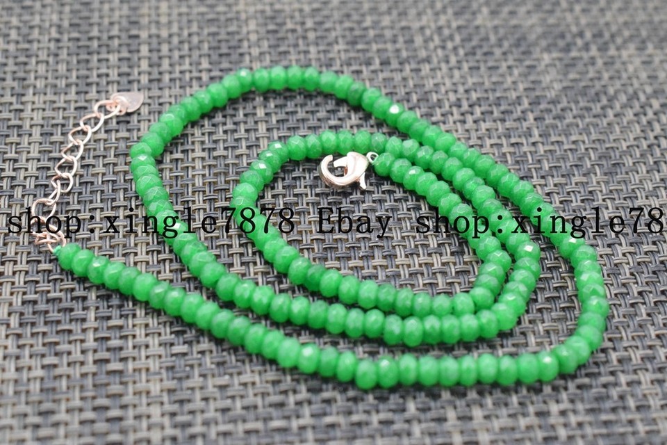7 Rows Faceted Green Jade Rondelle Bead Necklace - 17-23" Adjustable, Silver Plated
