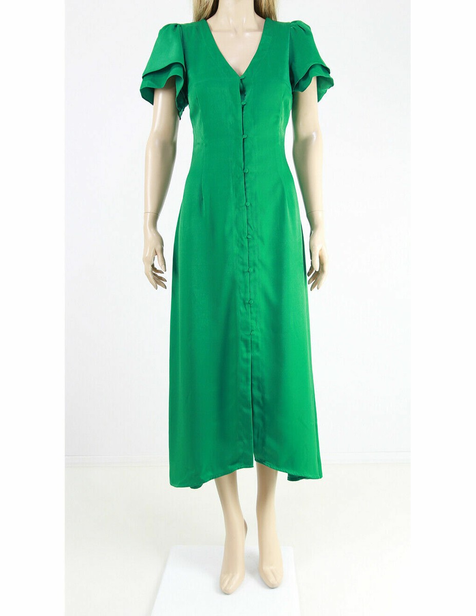 Branded Green Long Satin Button Down Front Frill Maxi Dress UK 8 36 | eBay