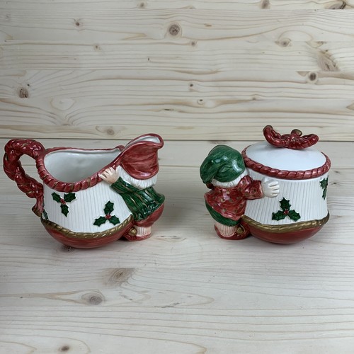 VTG Fitz & Floyd 1989 Ceramic Christmas Elves Sugar and Creamer - Receipt & Box! - Picture 4 of 24