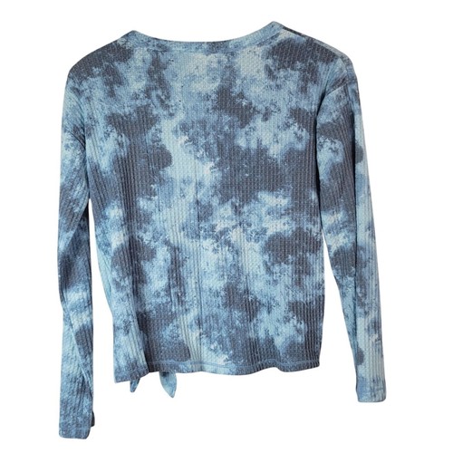 SO Waffle Knit PulloverTop Blue Size 14 XL Long Sleeve Front Tie Knot Tie Dye - Picture 4 of 6