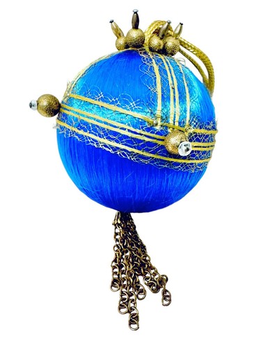 Vintage 70s Blue Satin Push Pin Carved Beads Teal Velvet Chains 2 Boho Ornaments - Picture 6 of 21