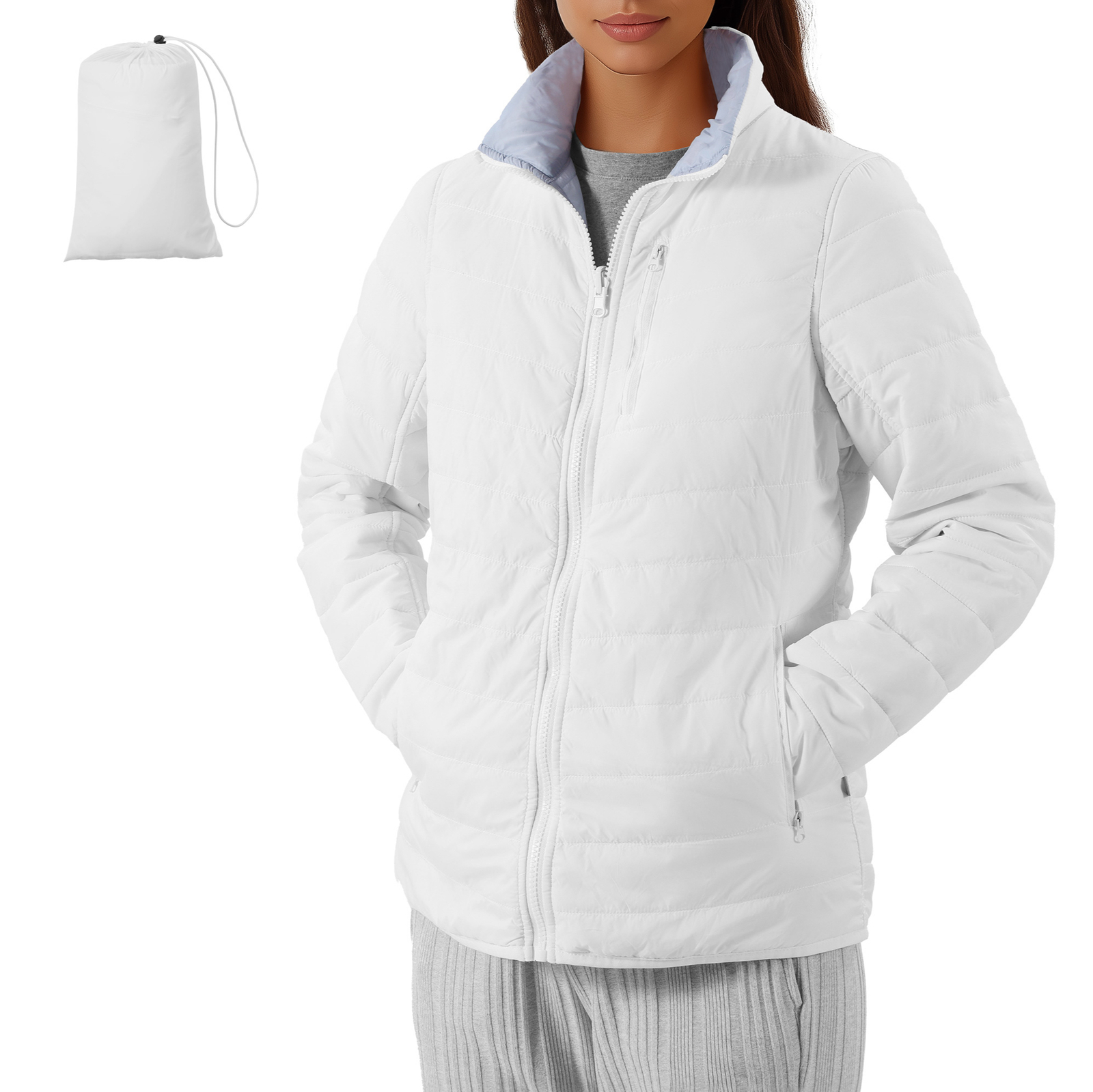 Chaqueta Acolchada Mujer - Chaqueta Ultraligera Mujer Reversible - Blanco/Hielo