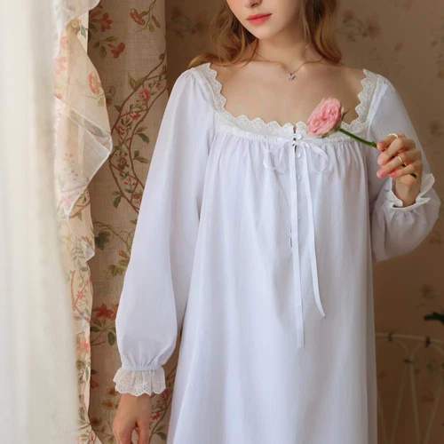 Women's Cotton Nightgown Princess Square Neck Long Sleeve Sleep Dress - Picture 52 of 53