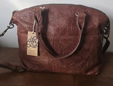 American Leather Co. Taylor Triple Entry Satchel Brandy Tooled Handbag NWT Purse