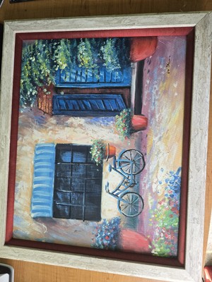 Framed Oil Painting From Greece  With Bicycle