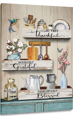 8x12 Canvas Wall Art Picture, Thankful Greatful Blessed Distressed Farm House