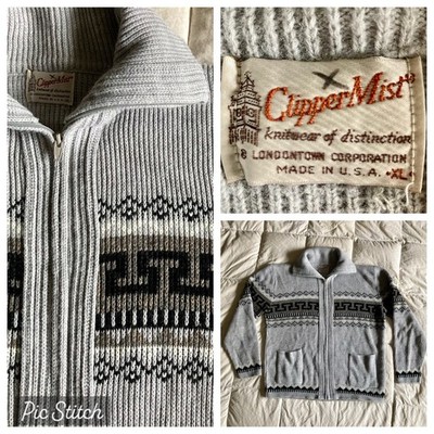 Vtg Clipper Mist  The Dude  Style Full Zip Cardigan Sweater Gray Men XL USA Made