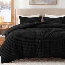 Fleece Queen Comforter Set 3 Piece Winter Warm Black Bedding 300GSM Flannel Faux