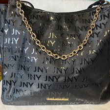 JNY Jones New York Black Logo Tote Shoulder Bag Purse Vinyl Large Zip Top