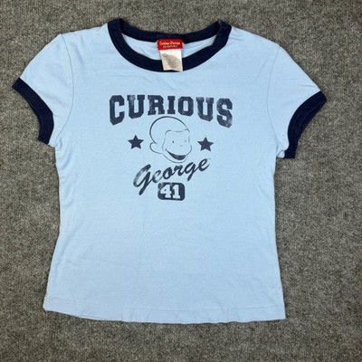 Vintage Curious George  Kids Light Blue Short Sleeve Ringer Shirt Girls Large