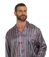 Mens Silk Satin Pajamas -PJ Set GREY STRIPE + ''5 DAY DELIVERY - USA Seller
