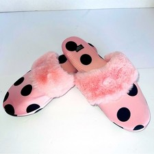 Victoria s Secret Size LG Slippers Slides Pink Black Polka Dots NEW Satin 402130