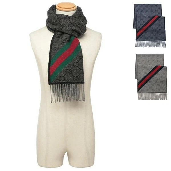 GUCCI Foulard GG Logo Motif Couleur Ligne Épaisse Laine Frange Bleu, Marine, Gris NEUF