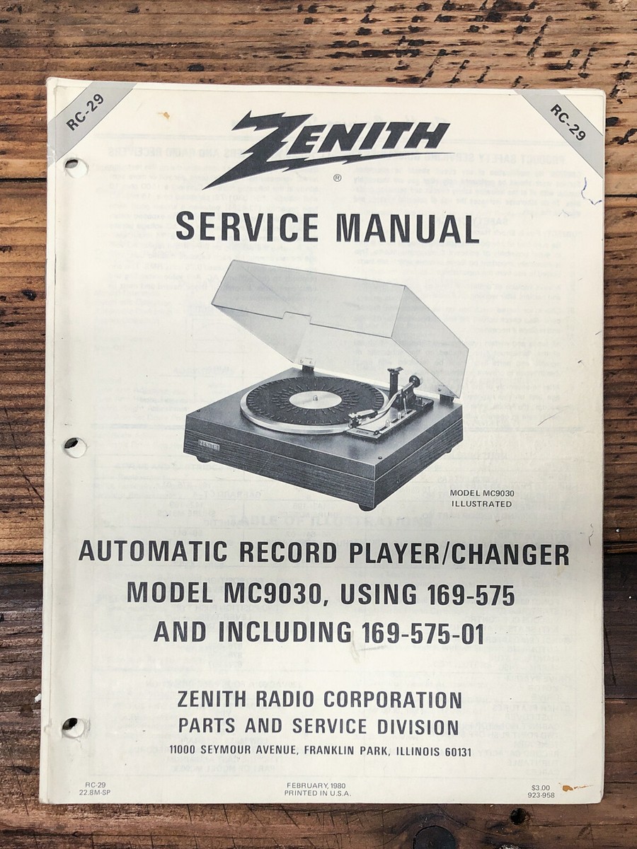 Zenith MC9030 169-575 Record Player / Turntable Service Manual