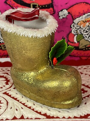 Vintage Gold Santa Boot Paper Cardboard Candy Holder-Mid Century-kitschy-trimmed