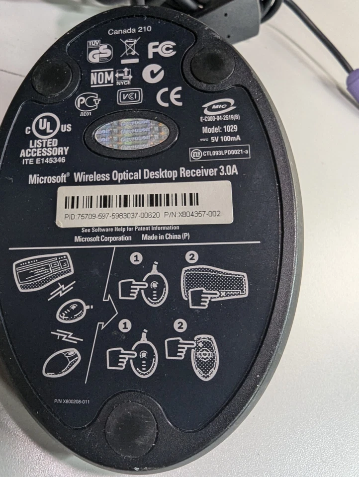 Microsoft Wireless Optical Desktop Receiver 3.0A Model 1029 PS/2 and USB Cable - Image 2 of 2