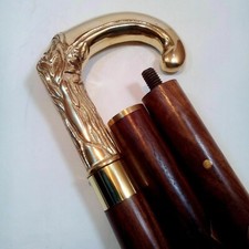 Folding Brass Handle Walking Stick   36" Wooden Vintage Cane   Travel Friendly