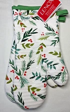 LENOX OVEN MITTS (2) HOLLY LEAVES WHITE RED GREEN SILICONE 7 X 13 NWT