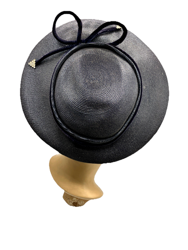 Vintage 40s pancake cartwheel flat crown straw hat tilt Navy