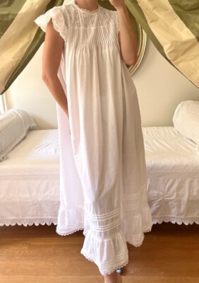 Vtg White Edwardian Dress Nightgown Skirt Lace Maxi Cotton SPRING SALE!!