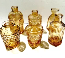 Set Of 6 Small Clear Amber Glass Bud Vases Oil/Lotion Bottles Mixed Shapes 3"-6"