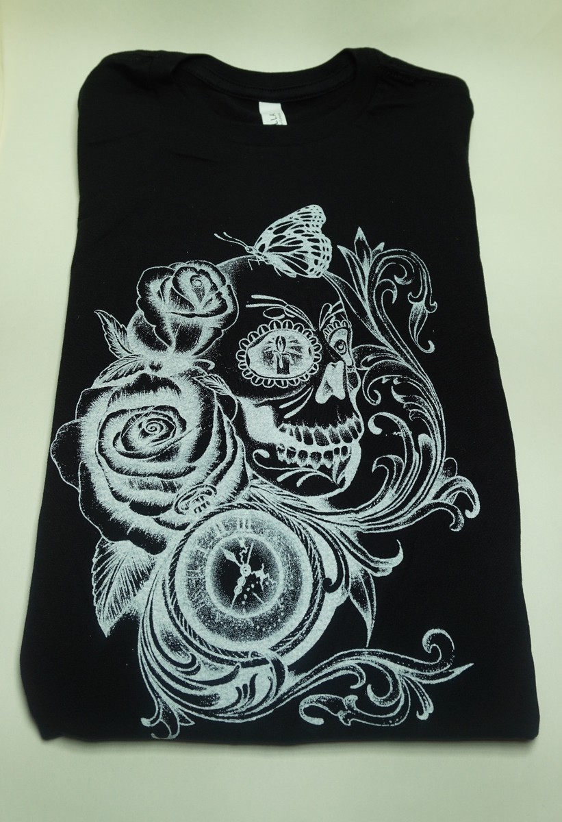 T-shirt Homme Graphique Crâne & Roses - Noir Et Blanc - Taille 2XL - Neuf Sans étiquettes - Marque Black & White