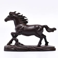 Solid Ebony Wood Carved Horse Figurine Feng Shui Animal Sculpture Decor Gift