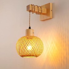 Schindora Boho Bamboo Wall Light – Handwoven E27 Lamp Shade