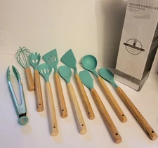 10pcs Silicone Kitchenware Set, cooking  Utensil. Large Set With Wooden Handle
