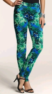 NWOT CHICO'S Sz1 Ankle Pants Floral Tropical Palm Leaf Hawaiian Blue Black Green