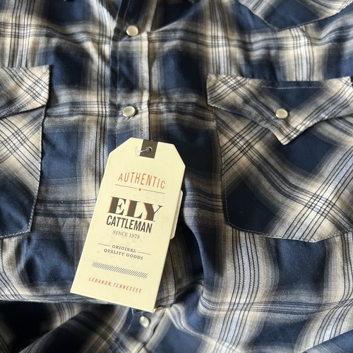 Ely Cattleman Mens XL blue plaid Long Sleeve Pearl Snap Western Cowboy NWT - Picture 5 of 13