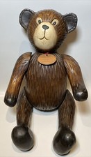 Vintage Wooden Hand Carved Brown Teddy Bear Moveable Joints 17" Toy Display