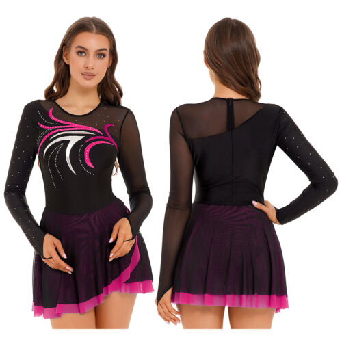 Womens Shiny Long Sleeve Leotard Dress Figure Ice Skating Ballet Dance Dress - Picture 34 of 52