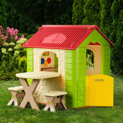 Deluxe Spielhaus mit Tisch und Stühlen Outdoor Kinderhaus Garten Terrasse Spielset