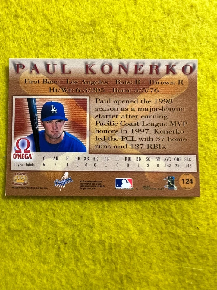 LOS ANGELES DODGERS , PAUL KONERKO  1998 OMEGA MLB BASEBALL CARD 124 MINT - Image 2 of 2