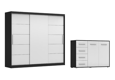 2er-Set Schwebetürenschrank ALBA II MIT KOMMODE FRIDA 01 Schwarz/Weiß