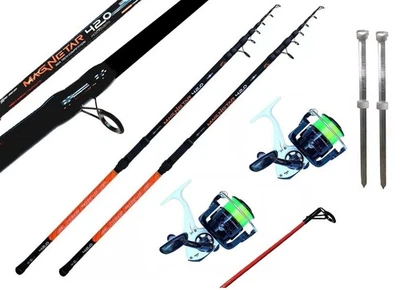 Surf Casting 2 Canne 4.20m 200gr + 2 Mulinelli + 2 Puntali Pesca Fondo Spiaggia