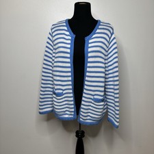 Lands  End Drifter Blue White Striped Cotton Cardigan Sweater L 14-16