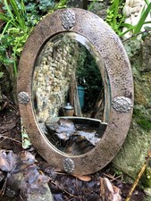 Arts & Crafts Silvered Copper Pewter Mirror Antique C.1910 Bevelled Glass 18x14"