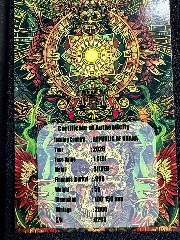 Calavera del quinto sol Lámina de Plata 1 Cedi Ghana 2026 Foto 3 de 4