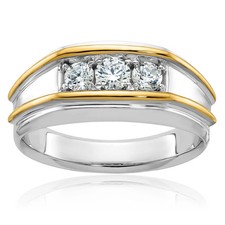 14K Solid Two Tone Gold Mens 3 Stone Diamond Wedding Ring