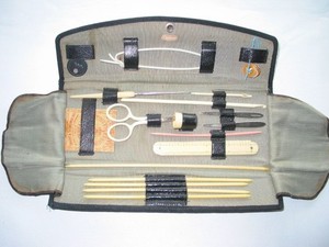 ANTIQUE KNITTING/SEW KIT BODKINS NEEDLES HOOKS SCISSOR RULER THREADER THIMBLE