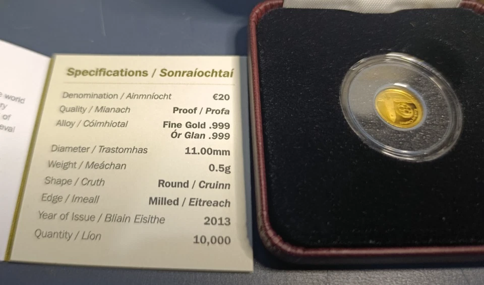 2013 Irish €20 PROOF 24 Carrot Gold Limited Editon - 10k minted only - Scarce - Image 3 of 4
